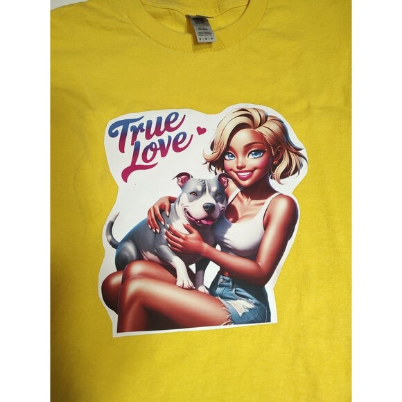 True Love T Shirt Bright Yellow Tee Pit Bull And Girl Sz.M Gildan Custom Made - Picture 2 of 5
